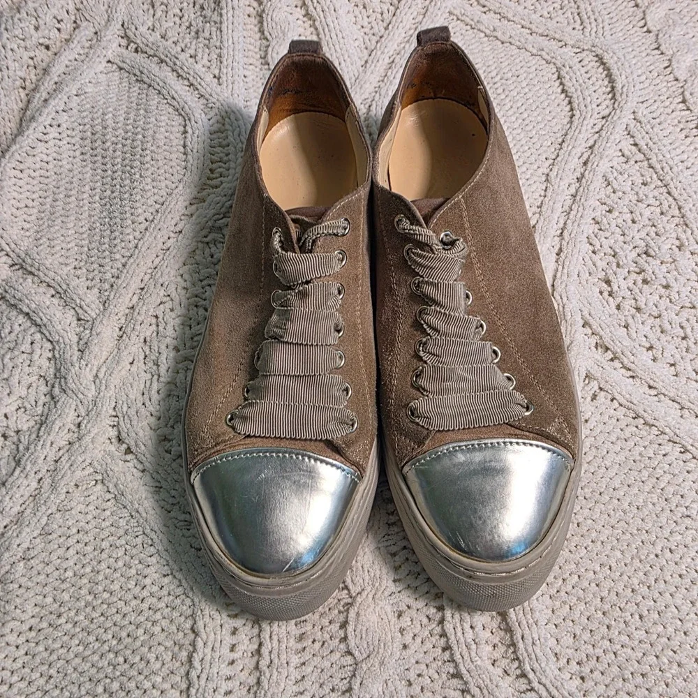 AGL Suede Cap Toe Sneaker Brown Silver Metallic Platform Women‎ 40 9-9.5